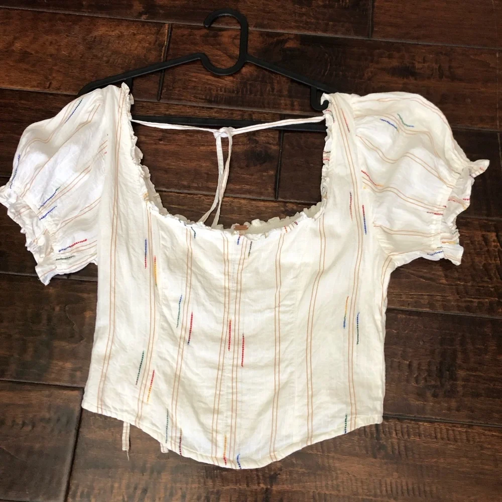 Free People Cream Blouse with Multicolor Stitching - Picture 1 of 7